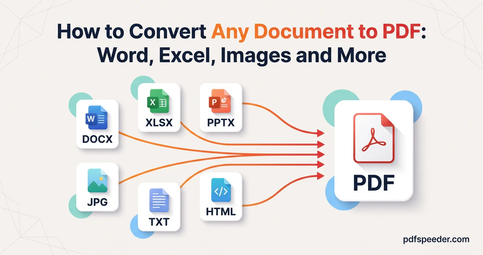 Converting any document to PDF: DOCX, XLSX, PPTX, JPG, TXT and HTML file icons with arrows converging into one PDF
