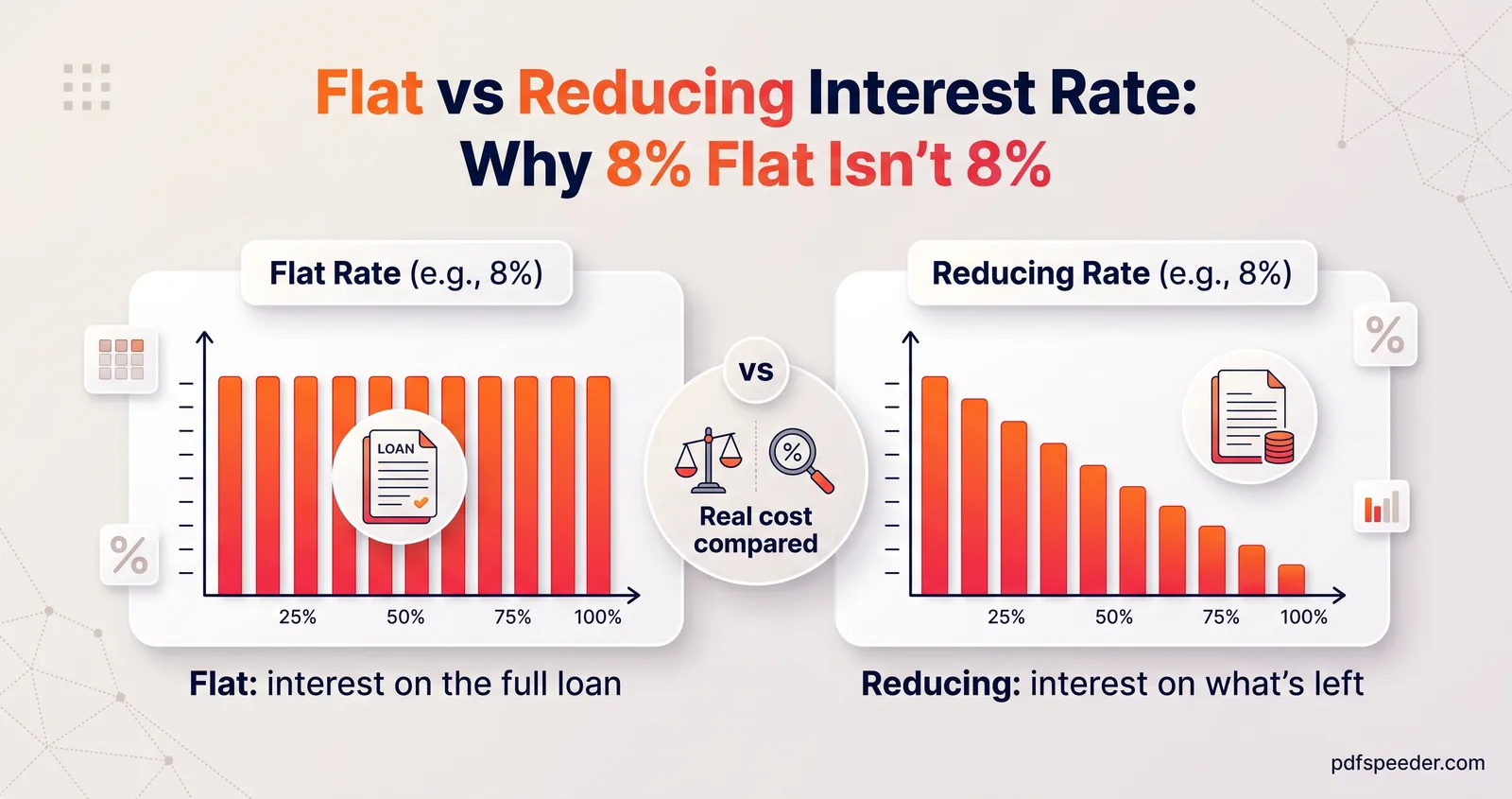 Flat vs reducing interest bar charts: flat charges interest on the full loan each month, reducing only on what's left
