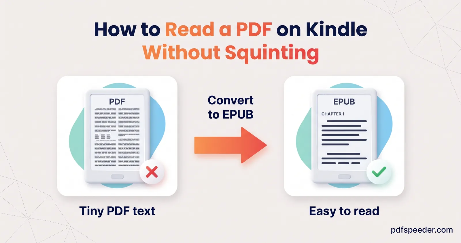 A PDF's tiny text on a Kindle-style e-reader gets a red cross; converted to EPUB it reflows and is easy to read