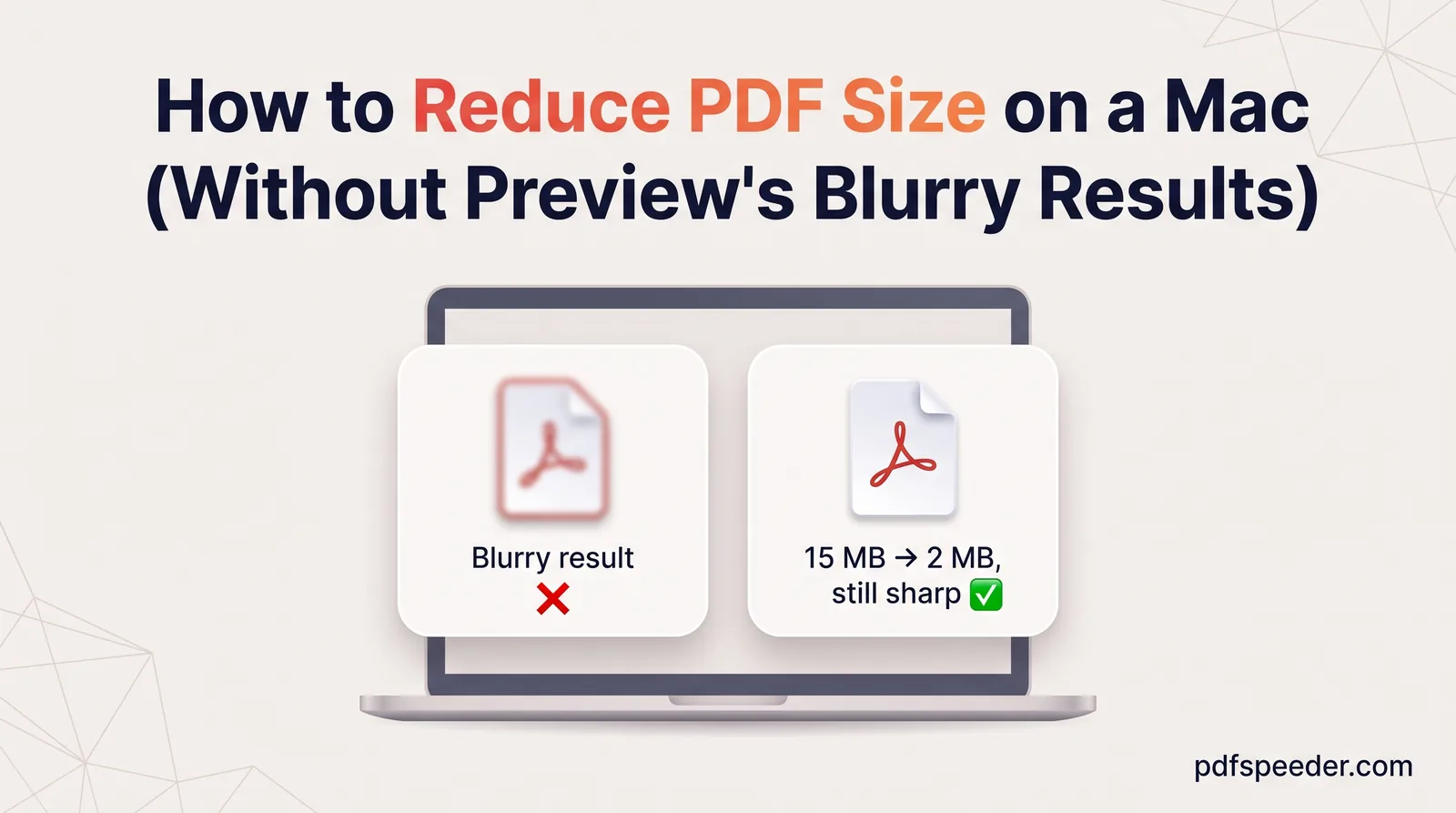 A laptop comparing a blurry compressed PDF (red cross) with one shrunk from 15 MB to 2 MB that stays sharp (green tick)